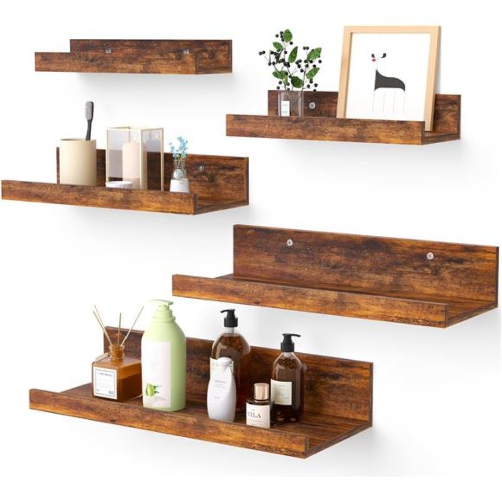 Floating Shelves, Wall Shelves Set of 5, Wall Mounted Wood Shelves, Brown